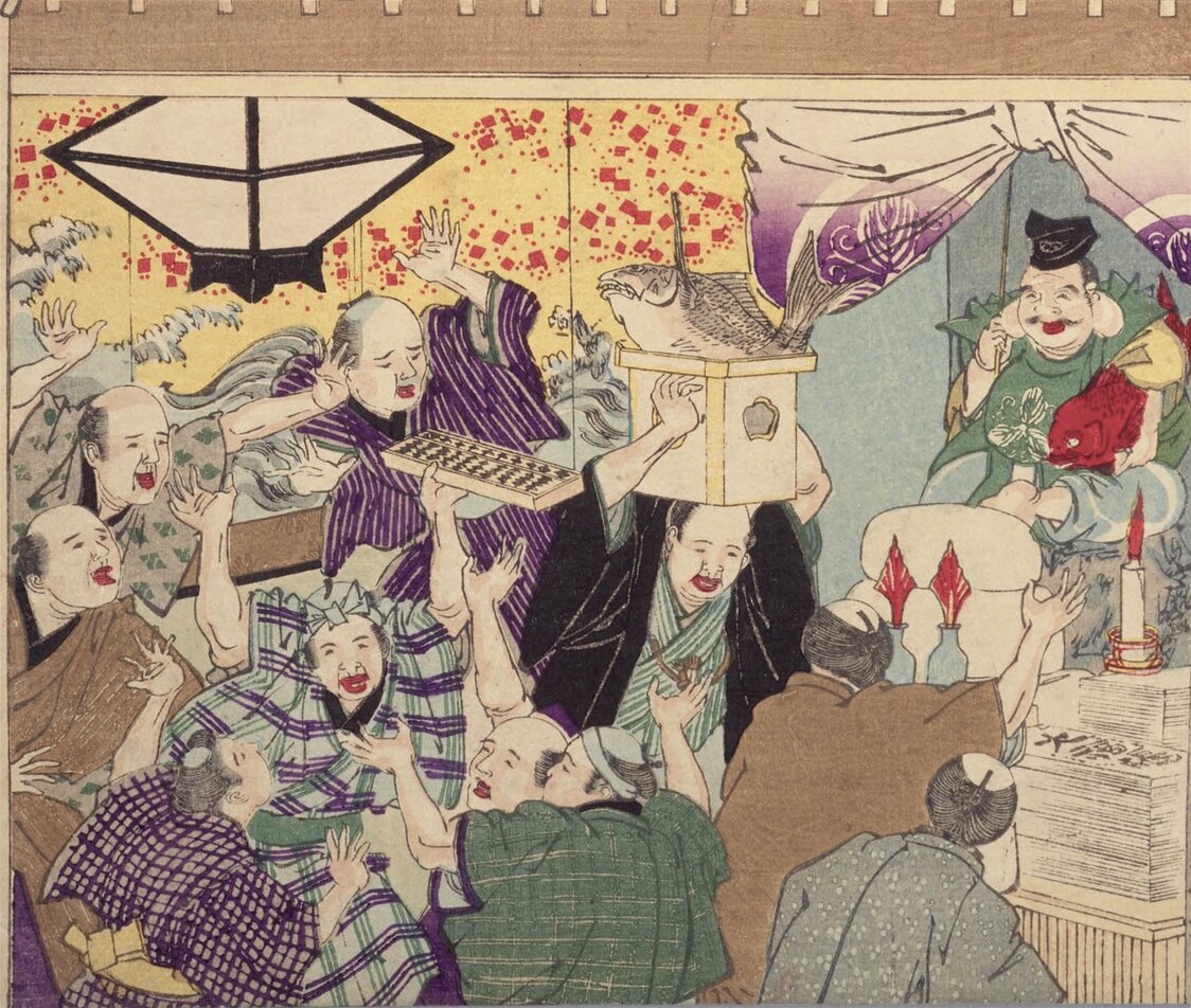 Sur cette estampe tirée des « Coutumes d’Edo au fil de l’année, le 10e mois » (Edo Fûzoku Jûnikagetsu no uchi jûgatsu) on voit un riche marchand s’affairer à l’organisation d’une fête d’Ebisu (Ebisu-kô). L’hôte apporte en offrande une daurade, alors qu’autour de lui s’agitent bruyamment des invités, on distingue au centre un boutiquier brandissant un boulier. (Collections de la bibliothèque de la Diète nationale)