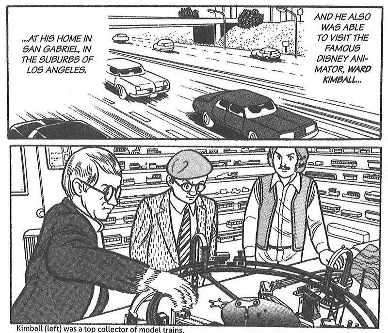 El traductor e intérprete (a la derecha, en la viñeta inferior) aparece en la biografía de Ban sobre Tezuka.
