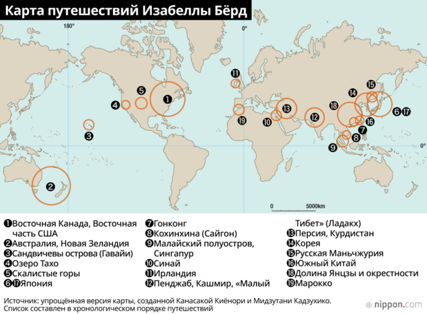 Карта путешествий Изабеллы Бёрд