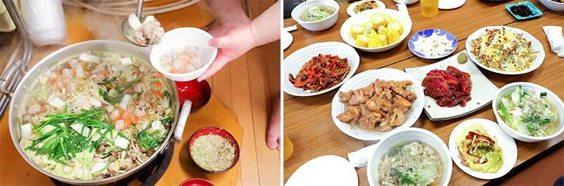 Izquierda: El cocido, llamado chanko nabe, es el plato principal. Derecha: Los acompañamientos son muy variados: sashimi de atún, pollo con cebolla, kinpira, okonomiyaki, ensalada, etc.