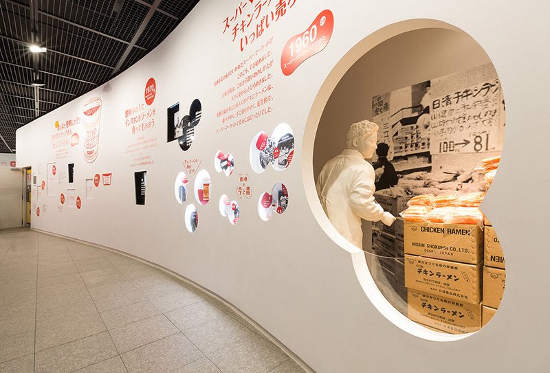 Un panel que describe la historia de cómo Chicken Ramen se convirtió en un gran éxito. Comenzando con una producción de solo 400 unidades por día, cinco años después, el negocio creció hasta el nivel de generar ventas anuales de 4,3 mil millones de yenes.