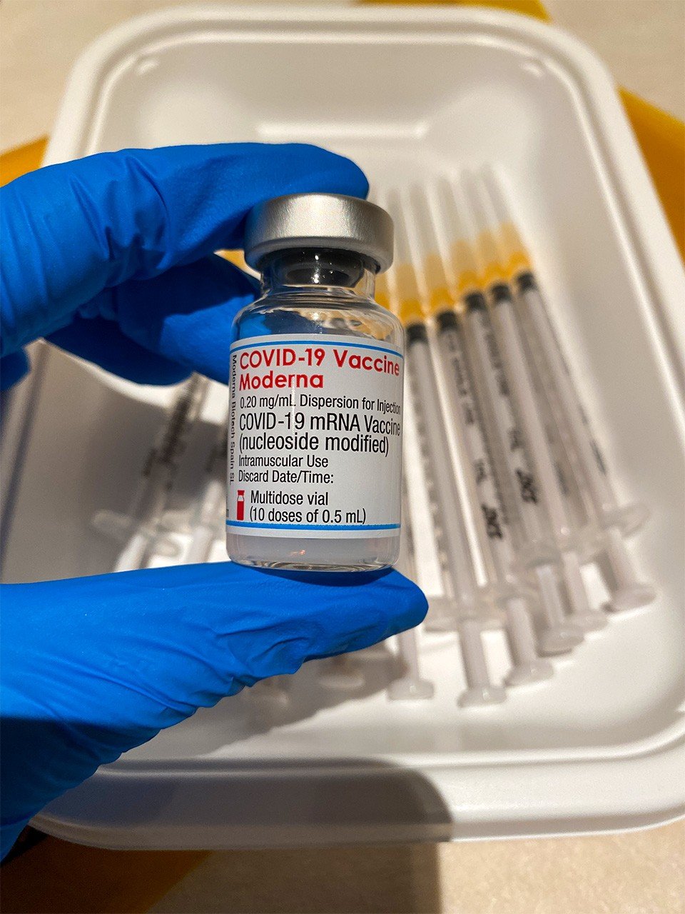 A vial containing the Moderna COVID-19 vaccine. (Photo courtesy of the author)