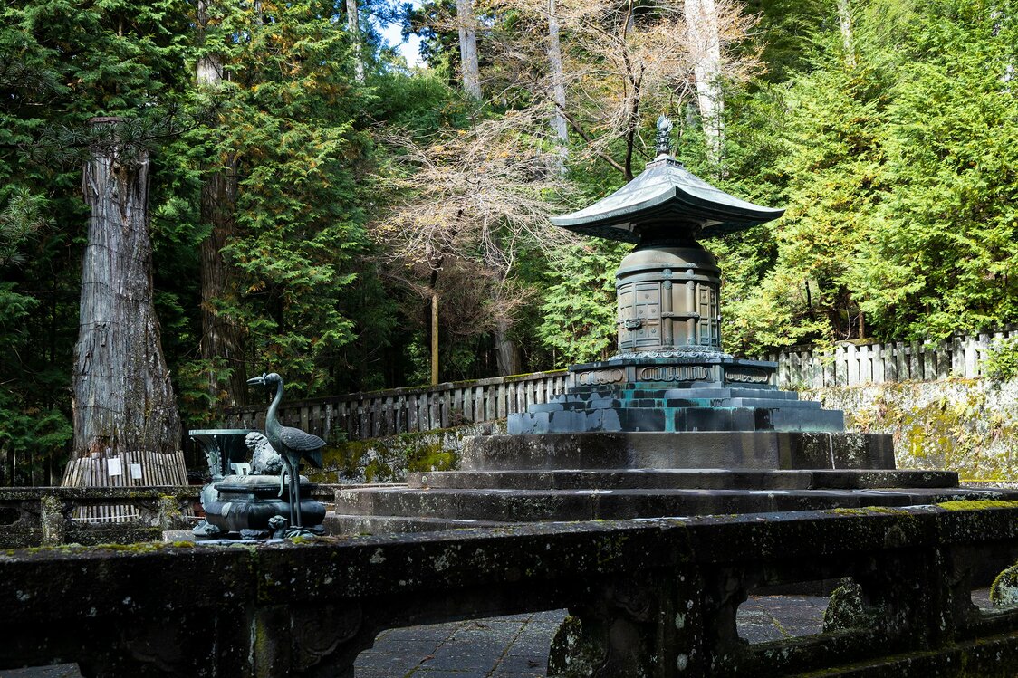 El cedro de los deseos kanōsugi se encuentra a la izquierda de un candelero con forma de grulla. Aunque se desconoce su edad, se cree que ya estaba allí antes de que se construyera el complejo. (Imagen de la redacción de nippon.com)