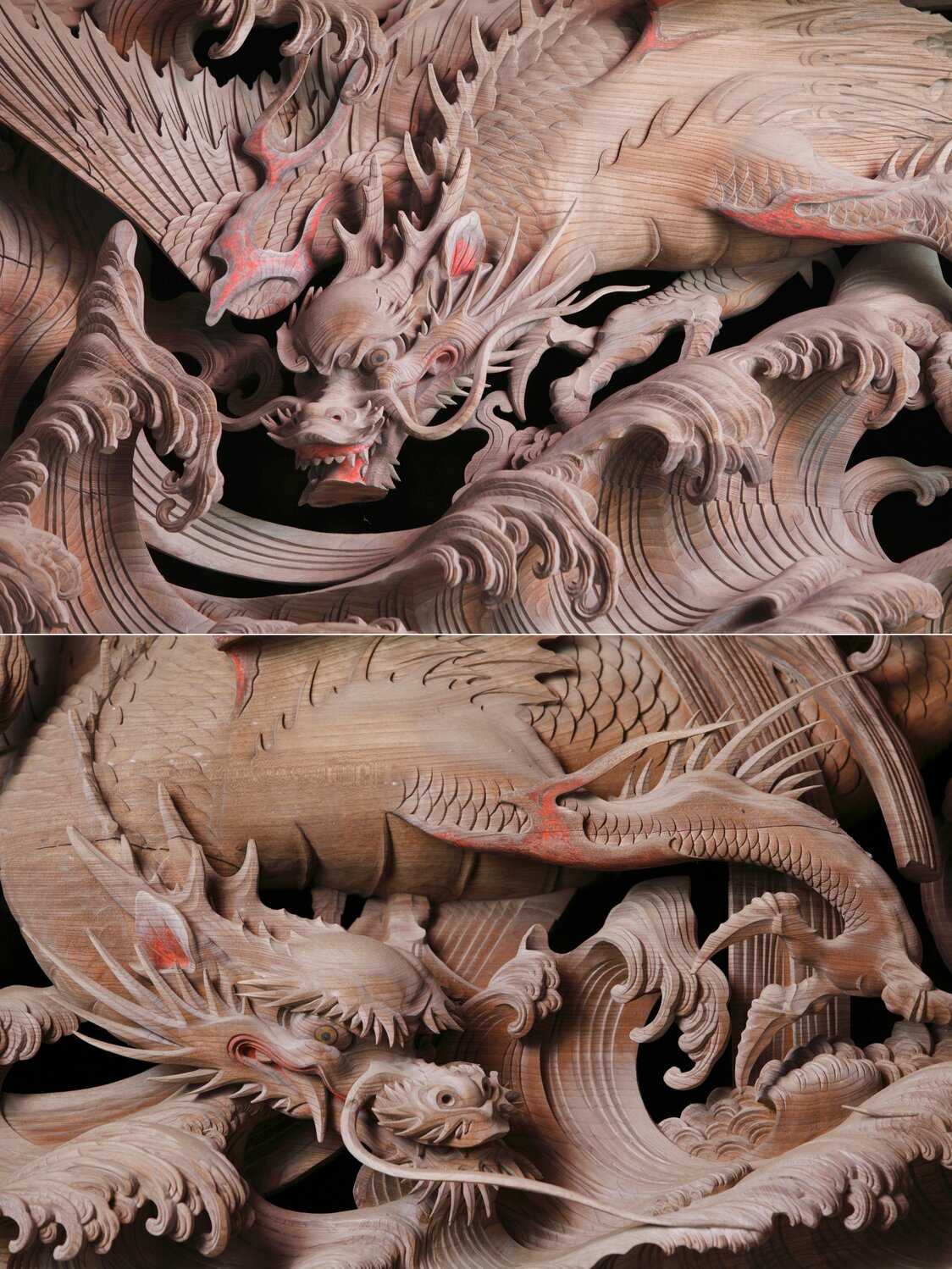 立体的で迫力たっぷりの「波に飛龍」2面。「浪裏」に先駆けて逆巻く波を表現した　写真提供：伊八会 撮影：小田嶋信行