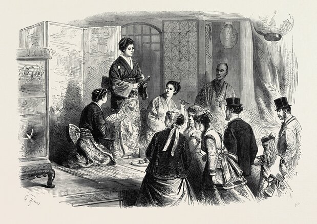 Une illustration du livre montrant des dames japonaises en kimono dans le pavillon de thé japonais de l’exposition universelle de Paris 1867. (© Album/Quintlox/Kyôdô)