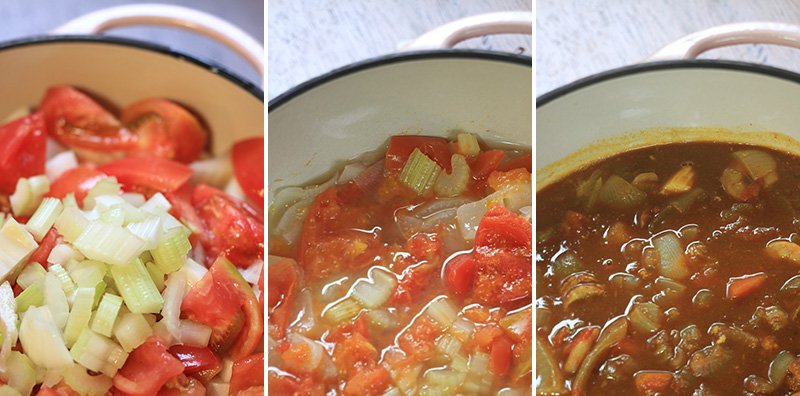 材料を鍋に入れて弱火にかける（左）。1時間たつと、野菜からにじみ出した水分が出ている（中）。ここにカレールーを入れて、少し煮込んで、シーフードカレーが完成。