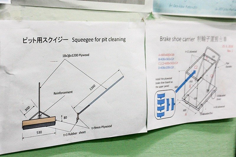 Designs for making depot equipment by hand are posted on the office wall.