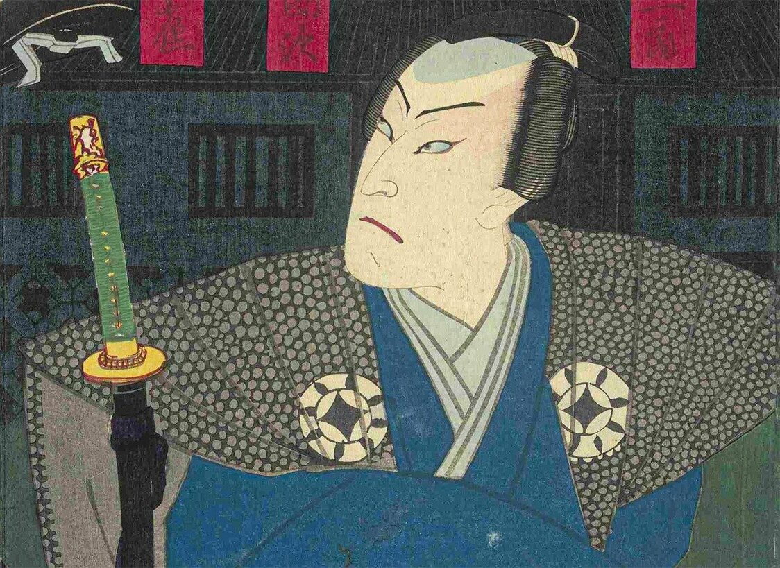 歌舞伎の役者絵に描かれた大岡忠相。『扇音仝大岡政談』（おうぎびょうし おおおかせいだん）東京都立中央図書館特別文庫室所蔵