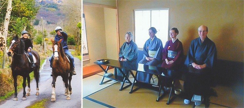（左）野尻の稽古を40年近く受けているバースチャンと、彼のアイルランドの自宅近くで乗馬を楽しむ野尻。（右）バースチャンが、畳以外全て手作りした茶室での稽古風景。（野尻氏提供）