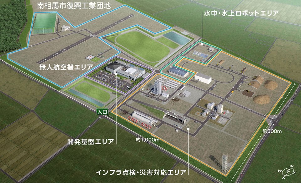 RTFの全体図（変更部分あり）。東西1000×南北500メートルで、面積は約50ヘクタール　提供：福島ロボットテストフィールド