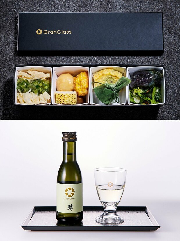The Japanese-style light meal and sake offered as refreshments in GranClass in summer 2026. (Courtesy JR East.)