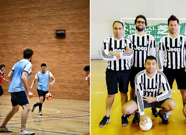 (左写真)仲間とフットサルを楽しむ筆者(中央)、(右写真)フットサルを楽しむエジプト出身者チーム。右端が筆者 写真提供:筆者