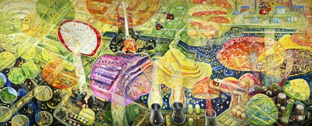 『キノコの森』2016年 油彩/キャンバス 縦227センチ、横555センチ 作家蔵(提供:金沢21世紀美術館)