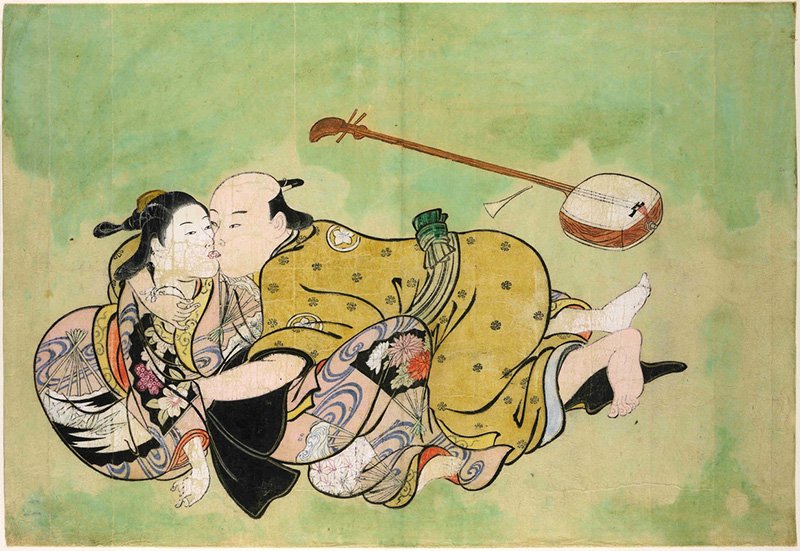 西川祐信（1711～1716年頃）若い女性を誘う男性。後ろには三味線が置かれている。手彩色の木版画で、背景は緑色。ボストン美術館にも同じ木版画があるが彩色されていない。