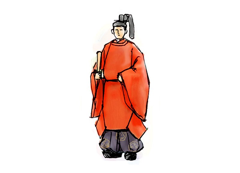 神职人员的正装（二级上、二级）。二级上，菱形小密纹头冠、无环藤蔓花纹红袍、圆形藤花纹紫色织花袴二级是紫色无花平纹绸袴