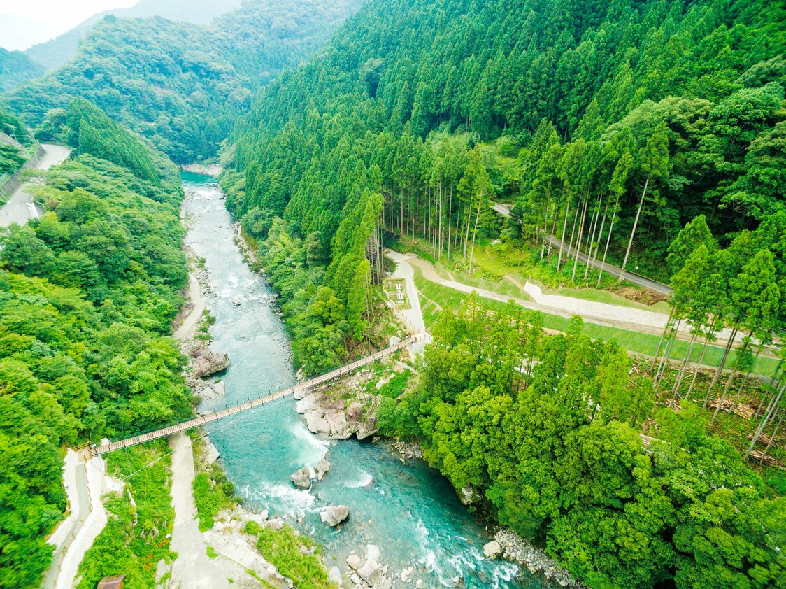 El puente Irodori-bashi une las dos orillas del río Katsuura en el valle de Irodoriyama.
