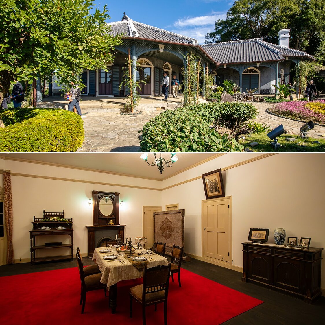哥拉巴故居的瓦顶和烟囱构成了十分独特的组合（上），故居室内再现了当时的生活场景（下）