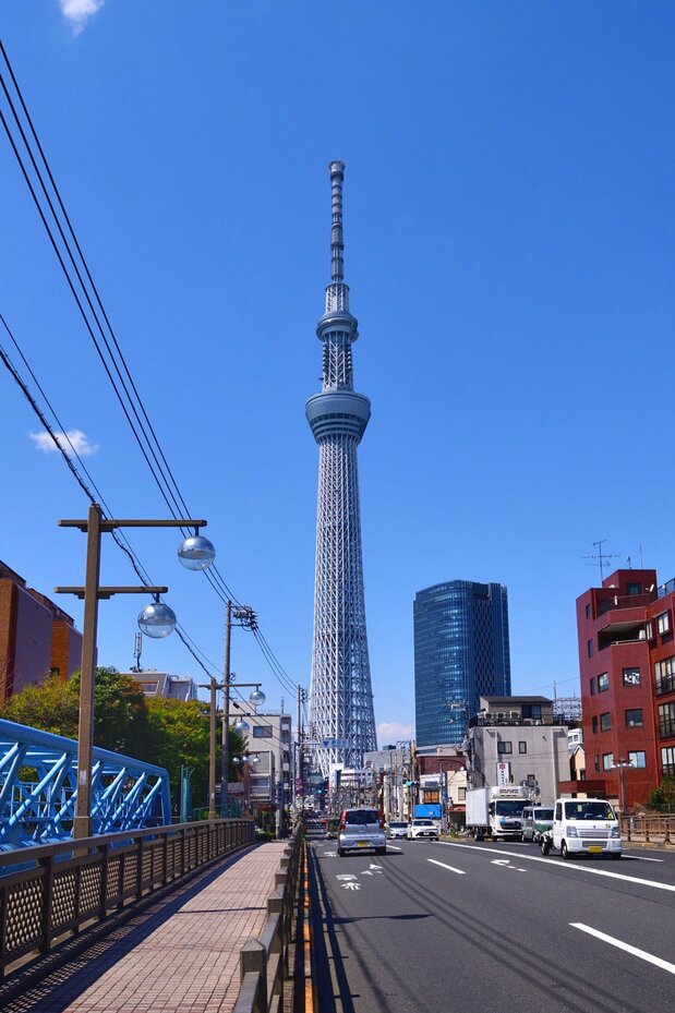 柳島橋の上から撮影した東京スカイツリー。橋を渡ると左手に法性寺の山門がある。この道は北十間川と並行して走る「浅草通り」で、スカイツリー方向に向かうと、駒形橋を抜けて上野駅に至る