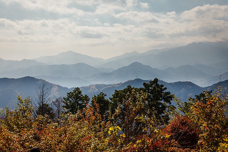 从山顶向南眺望，可以看到丹泽山地。晴朗的日子里，还能远眺富士山和南阿尔卑斯山（日本）